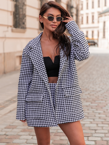 Oversized delší BLAZER s přídavným zavazováním houndstooth E353