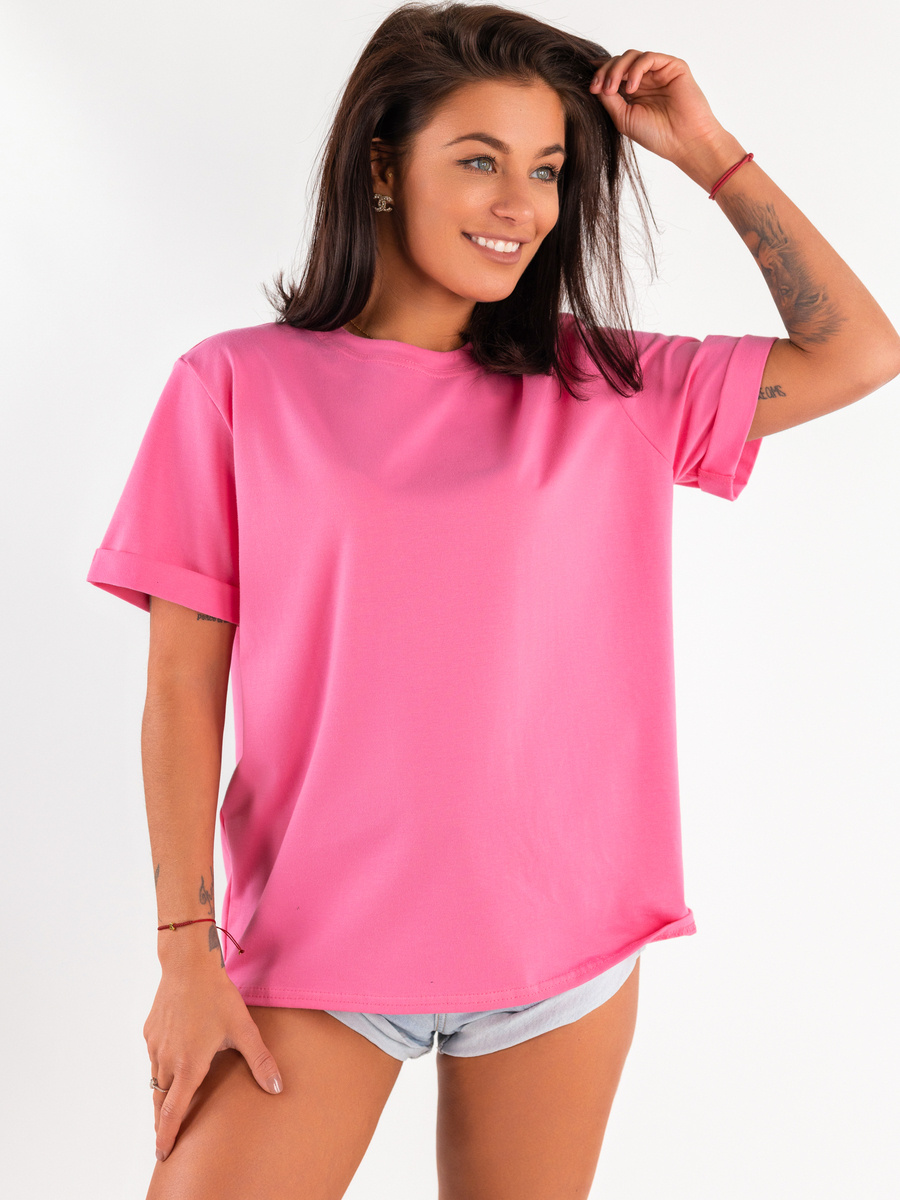 Basic oversized bavlněné tričko s krátkým rukávem cukroví růžová D121