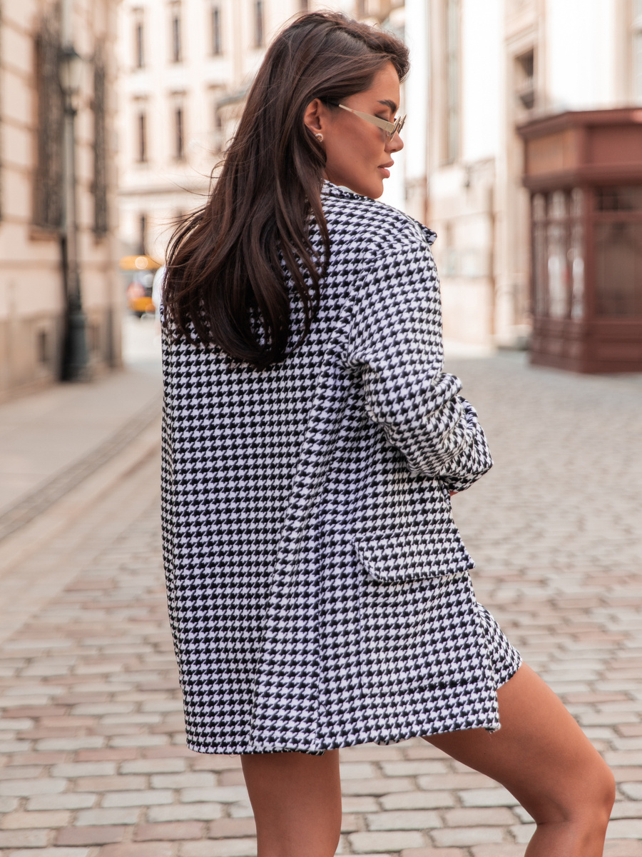 Oversized delší BLAZER s přídavným zavazováním houndstooth E353